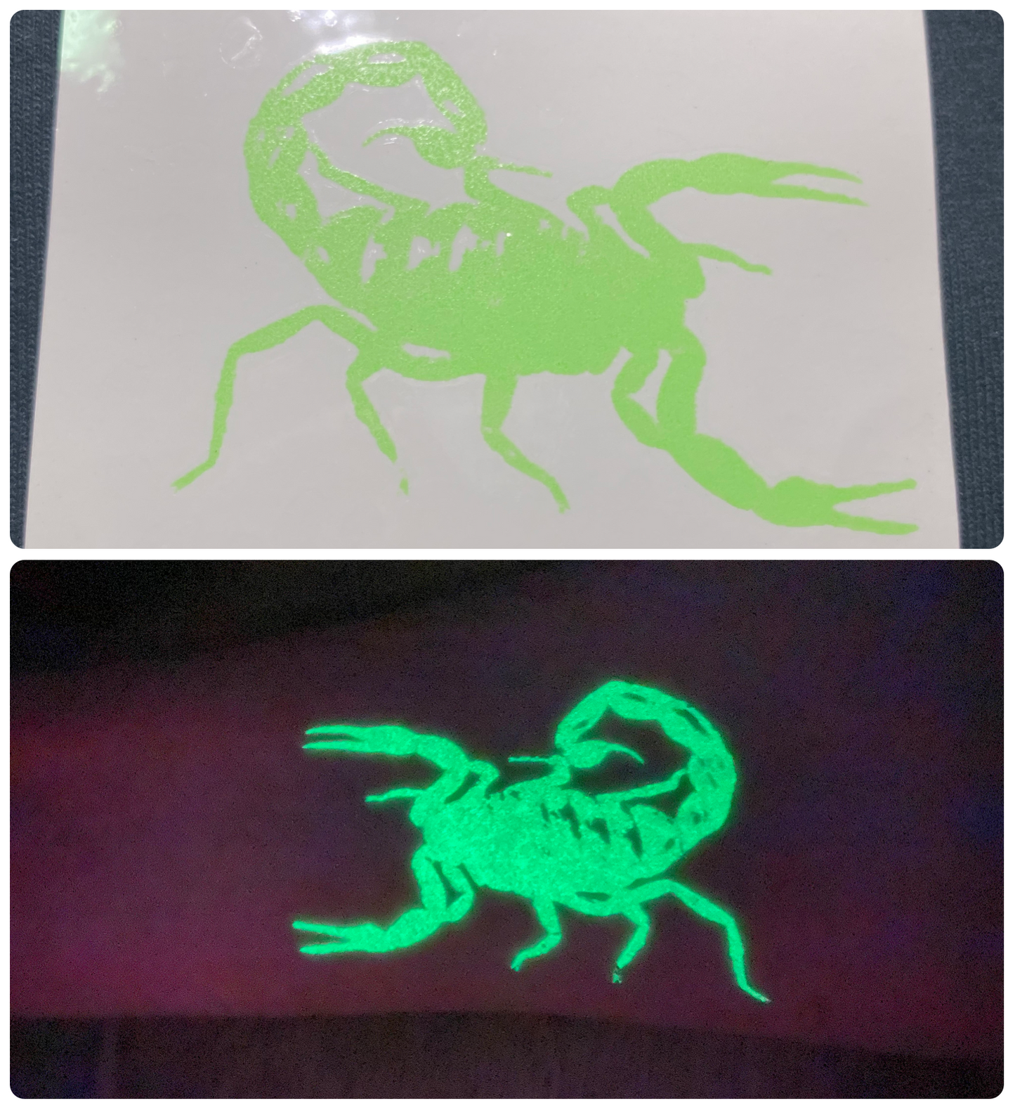 Glow in the dark scorpion temporary tattoo.